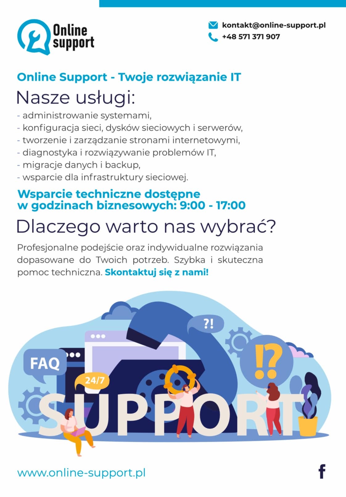 Ilustracja wektorowa przedstawiająca ofertę firmy Online Support: administracja systemami, konfiguracja sieci, tworzenie stron internetowych, diagnostyka IT, migracja danych, wsparcie...