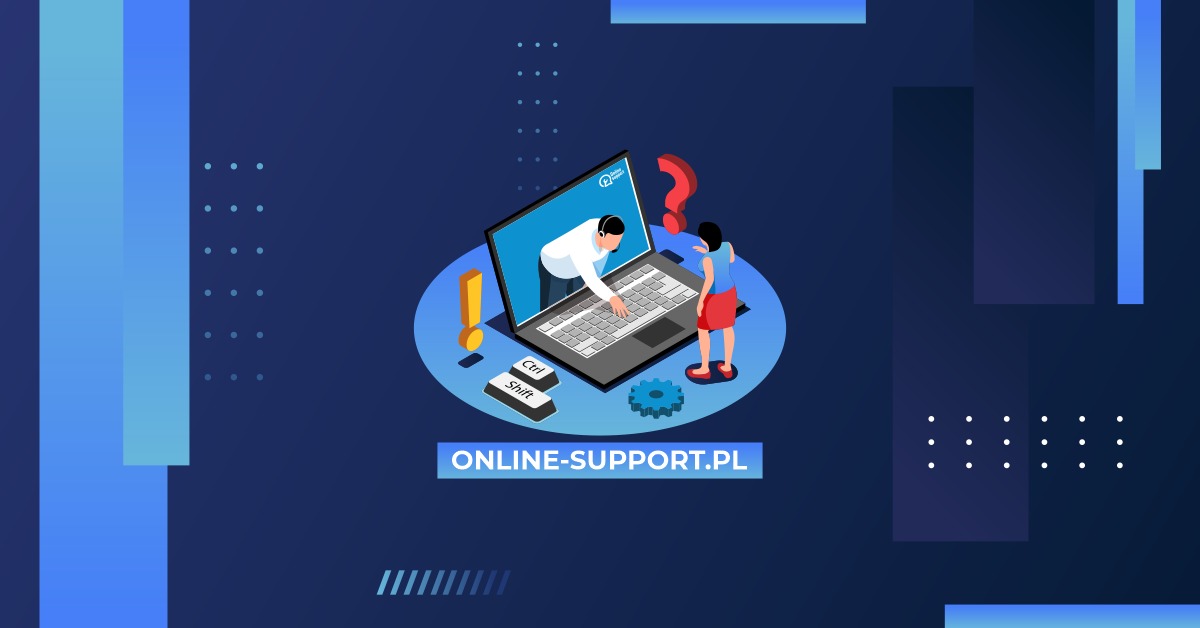 Ilustracja wektorowa przedstawiająca pomoc techniczną online: postać w słuchawkach wychylająca się z ekranu laptopa, aby pomóc klientowi stojącemu obok z pytajnikiem nad głową, klawisze Ctrl...