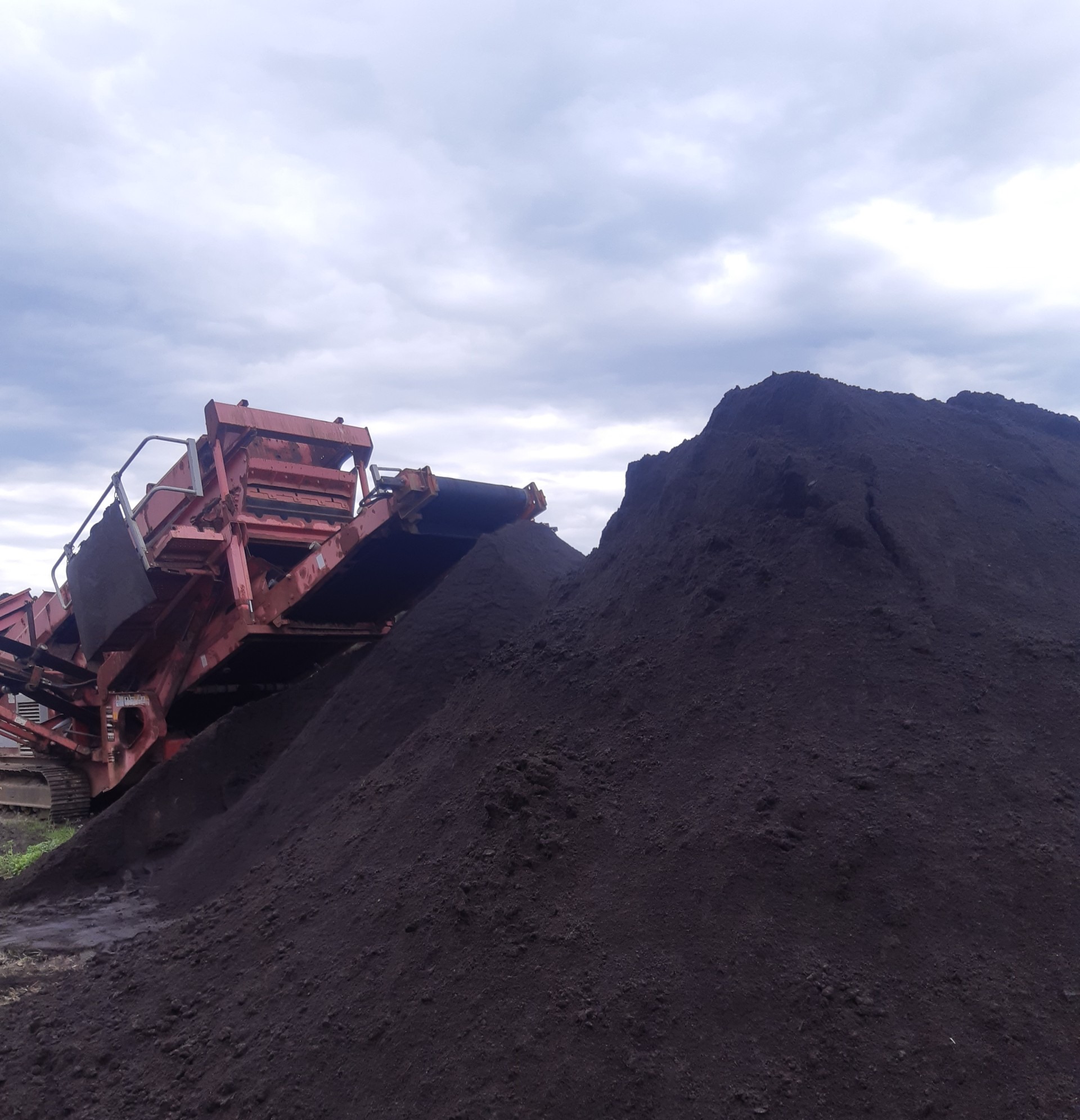 Czerwona maszyna przesiewająca ziemię, obok hałda ciemnej ziemi na tle pochmurnego nieba. Widoczne ślady pracy maszyny.