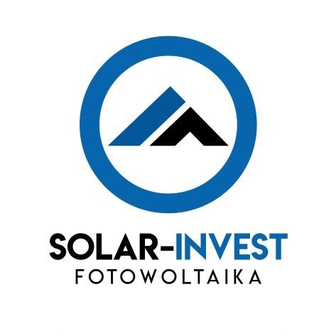 Logo firmy Solar-Invest Fotowoltaika z niebieskim okręgiem i stylizowanym symbolem dachu w kolorach niebieskim i czarnym.