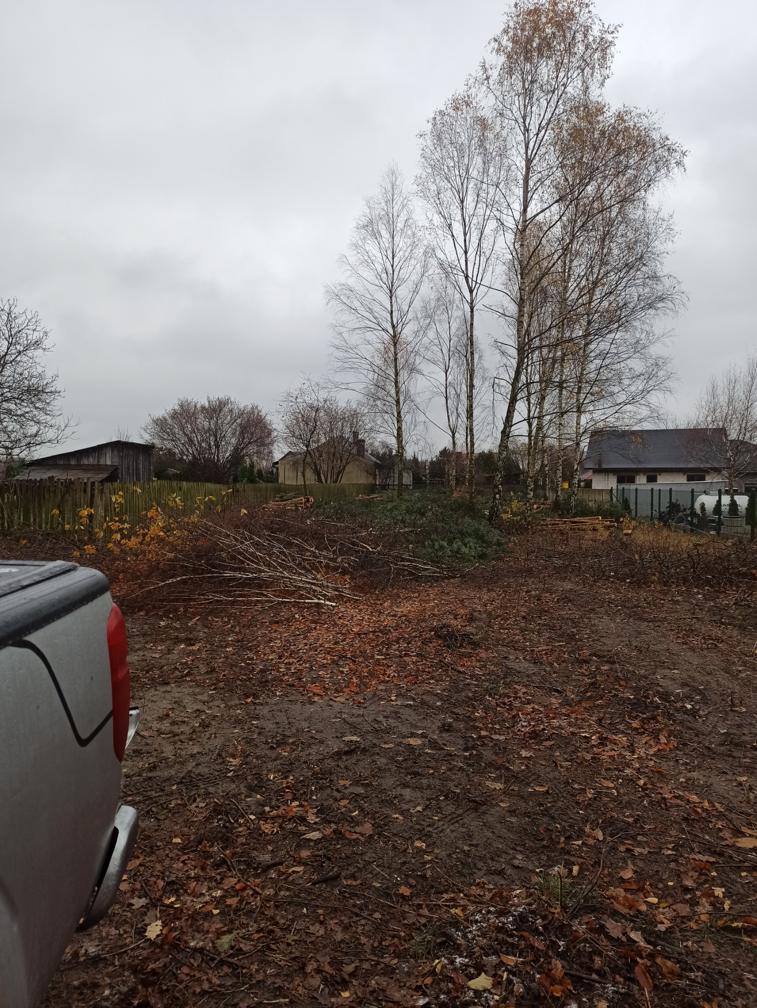 Teren po wycince drzew z widocznymi gałęziami i pniem, fragment samochodu po lewej stronie, w tle budynki mieszkalne i pochmurne niebo.
