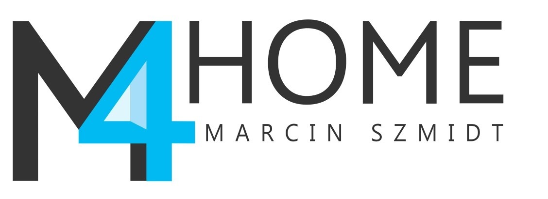 Logo firmy M4HOME Marcin Szmidt z czarną literą M i cyfrą 4 w kolorze błękitnym na białym tle.