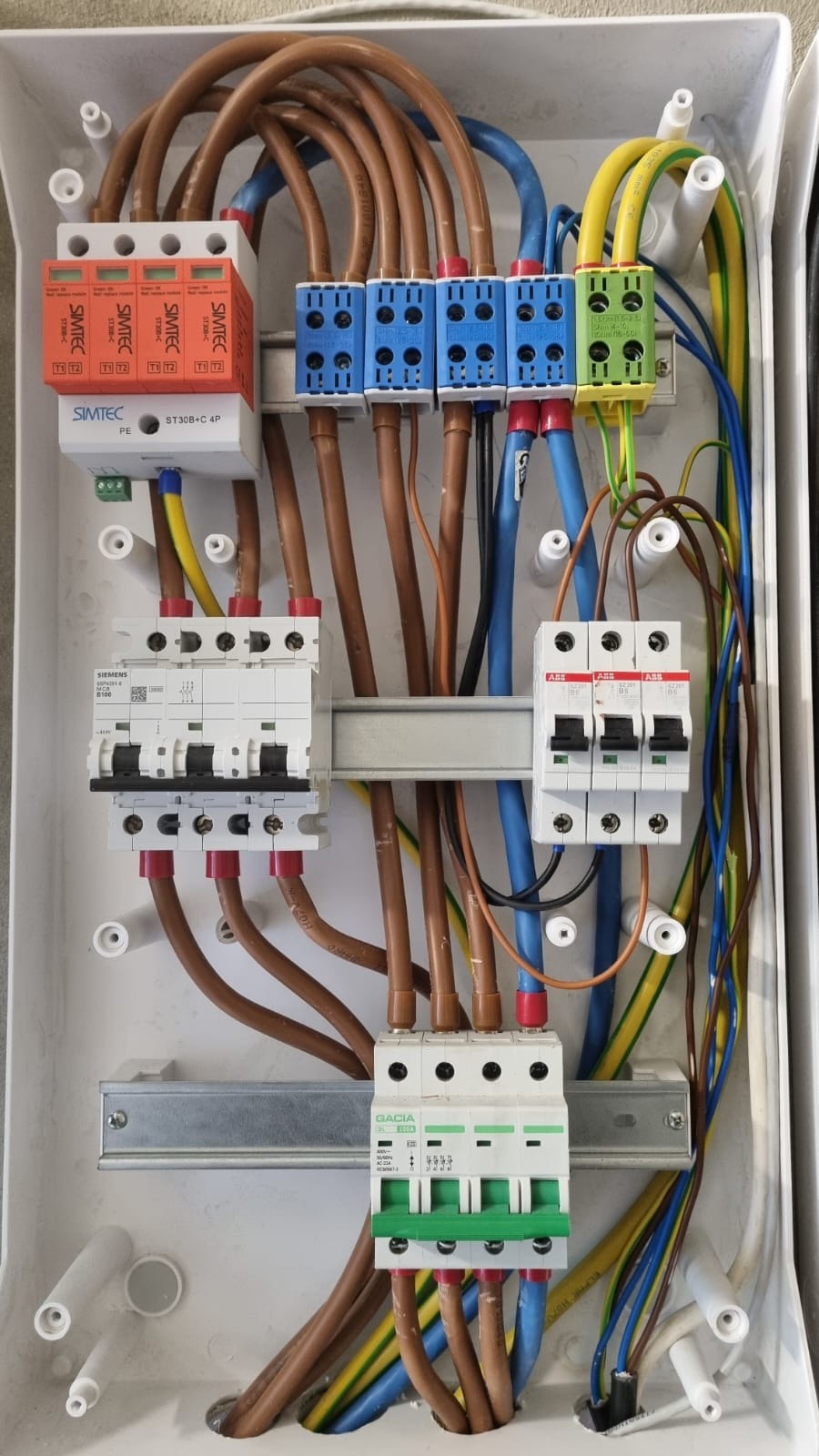 Wnętrze skrzynki elektrycznej z zainstalowanymi bezpiecznikami różnicowoprądowymi firm Siemens, ABB i Gacia, ogranicznikami przepięć Simtec oraz złączkami WAGO z przewodami w kolorach brązowym...
