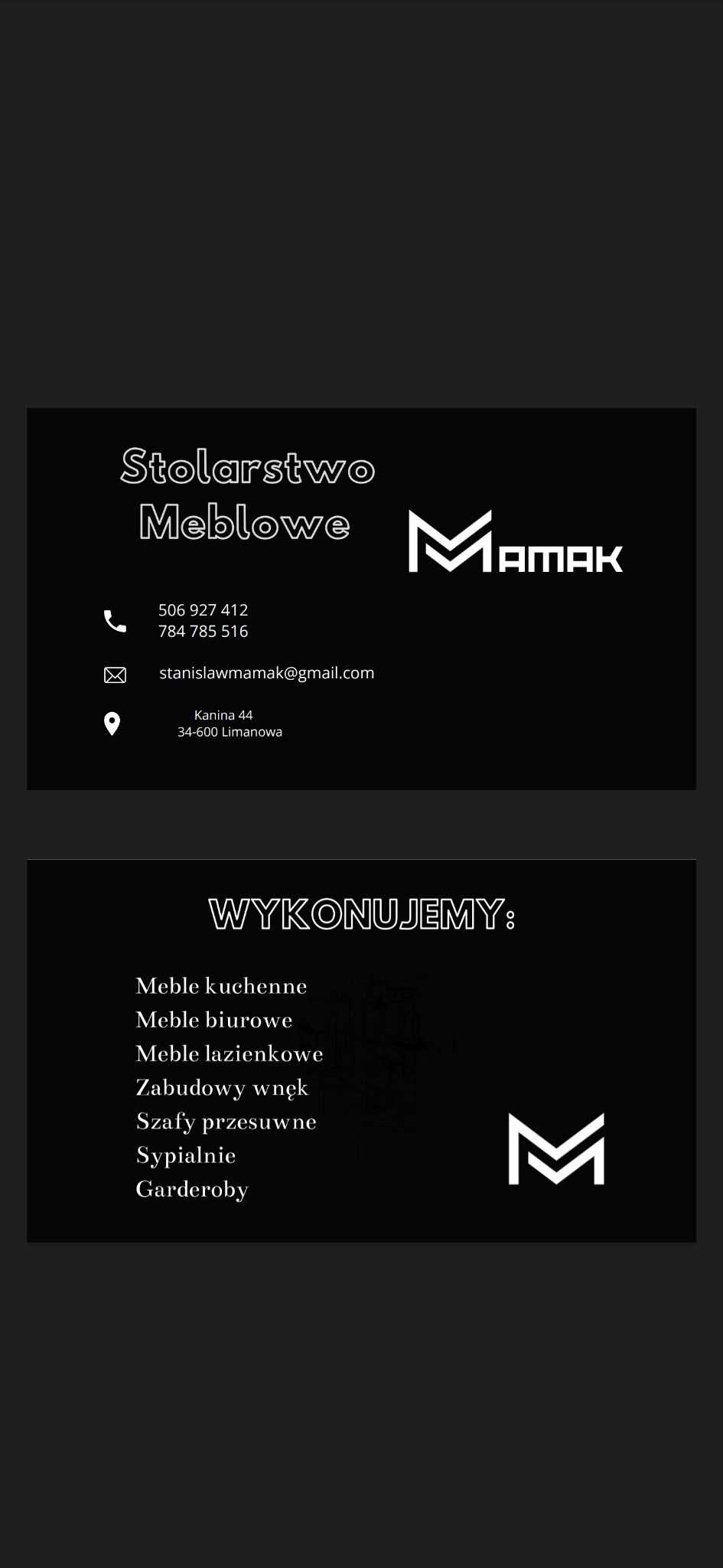 Wizytówka firmy stolarskiej Mamak, oferującej meble kuchenne, biurowe, łazienkowe, zabudowy wnęk, szafy przesuwne, sypialnie i garderoby. Zawiera dane kontaktowe: numery telefonów, adres e-mail...