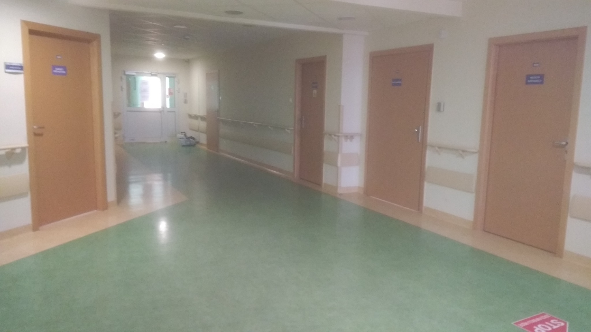 Długi, słabo oświetlony korytarz z zieloną podłogą i rzędem zamkniętych, drewnianych drzwi z tabliczkami informacyjnymi. Na końcu korytarza widoczne przeszklone drzwi.