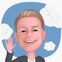 Karykaturalny portret uśmiechniętego mężczyzny z blond włosami, machającego ręką na tle błękitnego nieba z chmurami.