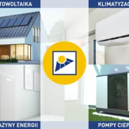 Kompozycja wizualna prezentująca rozwiązania dla domu: panele słoneczne na dachu domu jednorodzinnego, klimatyzator ścienny sterowany pilotem, biały magazyn energii w minimalistycznym wnętrzu...