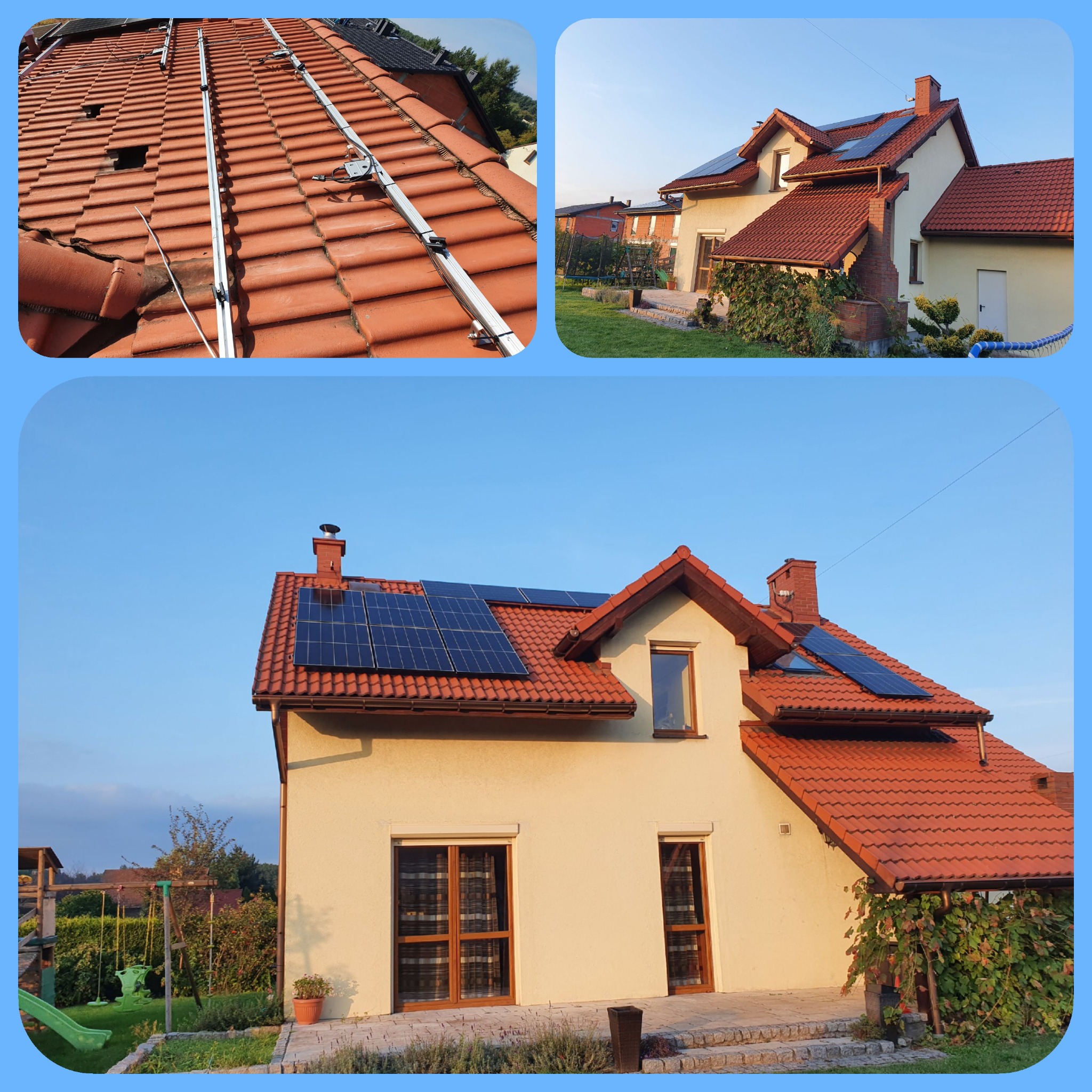 Instalacja fotowoltaiczna na dachu domu jednorodzinnego w Imielinie, widoczne panele fotowoltaiczne na czerwonej dachówce oraz elementy montażowe przed ich instalacją. Dom z jasną elewacją...