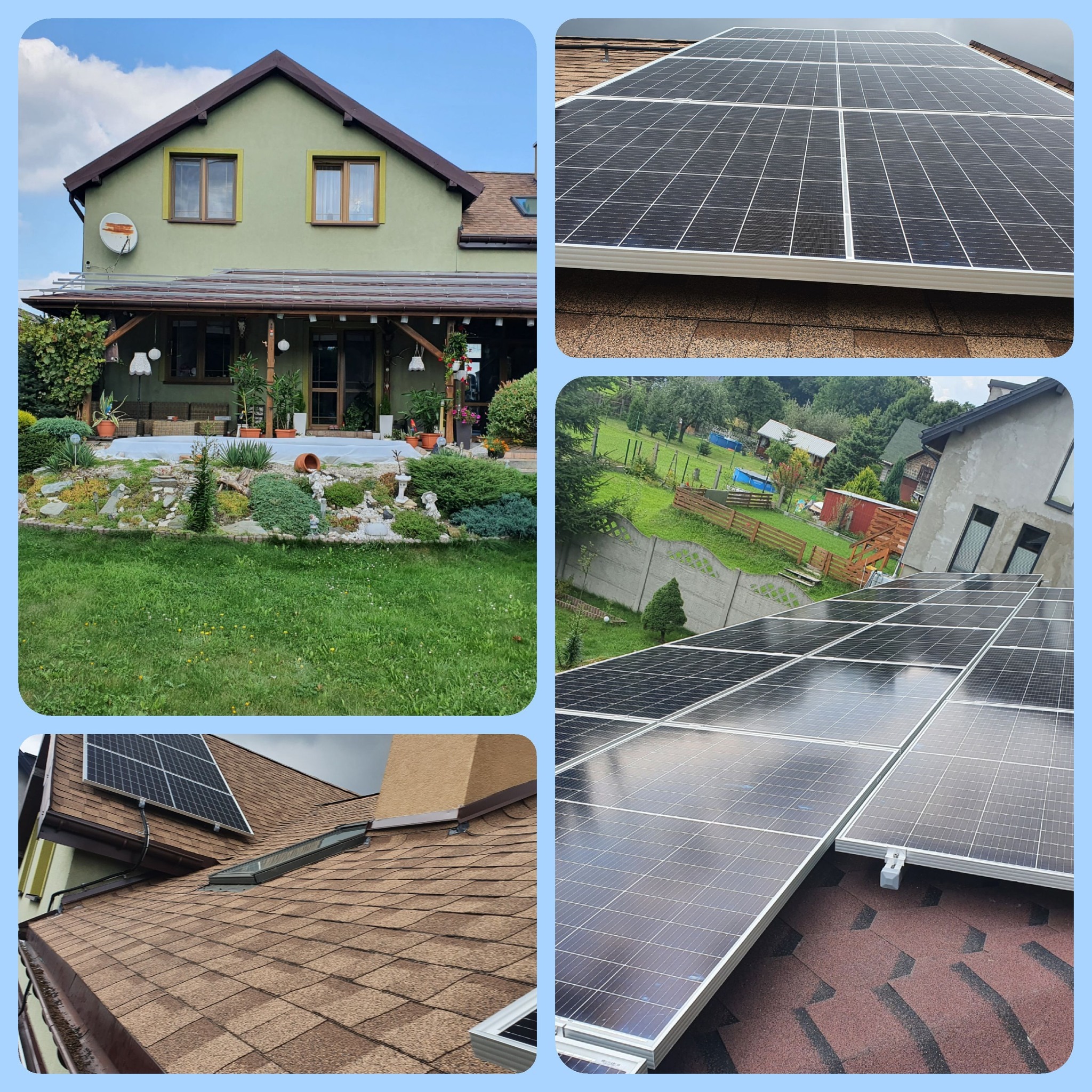 Kolaż zdjęć: dom z ogrodem i zainstalowane panele słoneczne na dachu z brązowej dachówki bitumicznej, widok z różnych perspektyw.