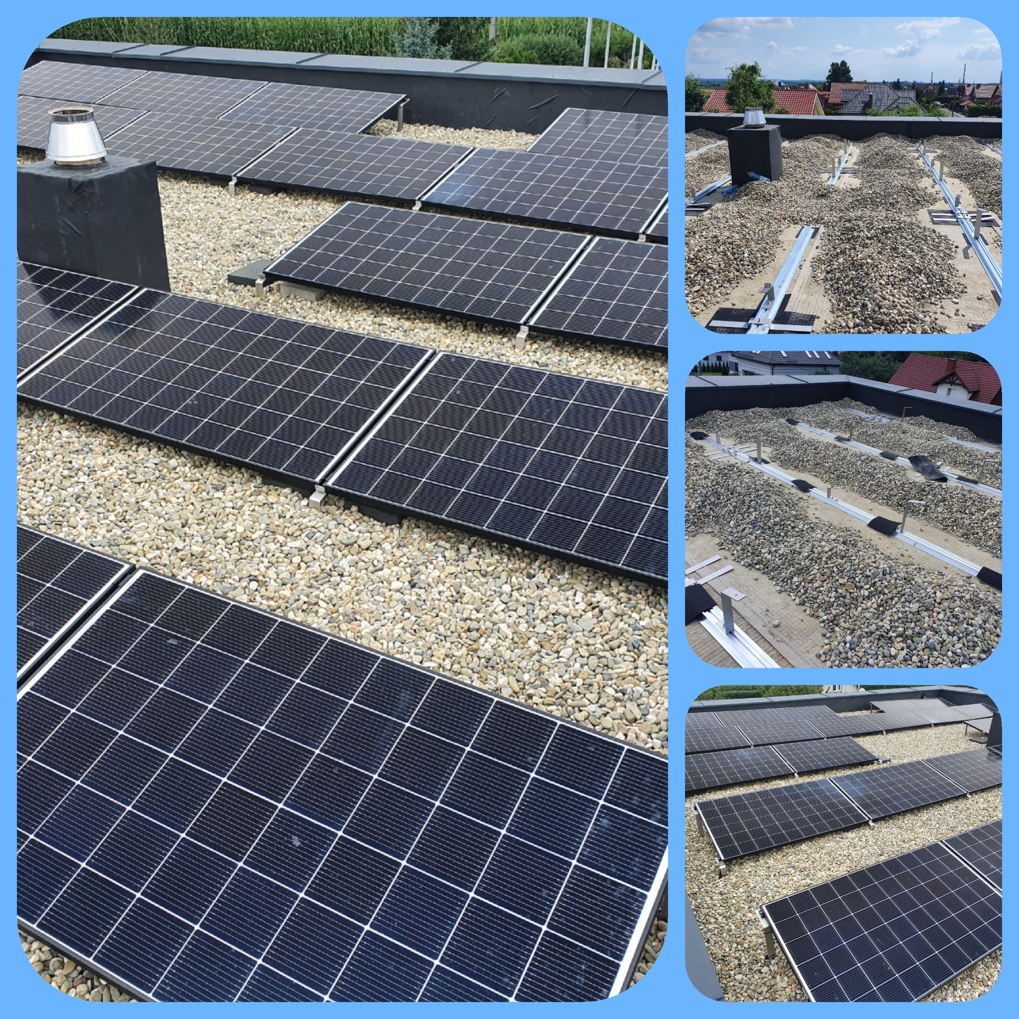 Instalacja paneli słonecznych na płaskim dachu pokrytym żwirem, widoczne moduły LG i elementy montażowe, w tle zabudowa jednorodzinna.