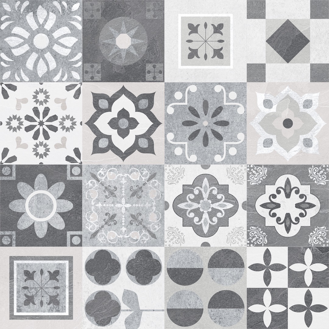 Kompozycja szesnastu kwadratowych płytek ceramicznych w odcieniach szarości, każda z unikalnym, geometrycznym lub floralnym wzorem, ułożonych w mozaikę.