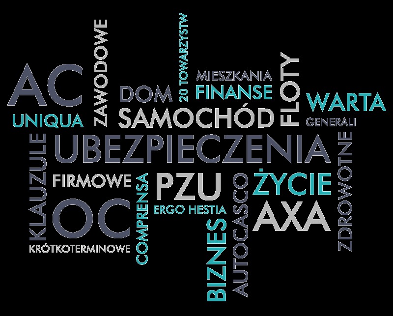 Grafika słowna na czarnym tle, prezentująca hasła związane z ubezpieczeniami, finansami i firmami ubezpieczeniowymi, takie jak 'ubezpieczenia', 'życie', 'dom', 'samochód', 'biznes', 'OC', 'PZU'...