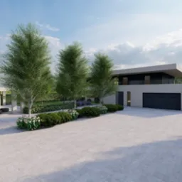 Wizualizacja nowoczesnego domu z minimalistycznym ogrodem, obejmującym strzyżone żywopłoty, drzewa liściaste i kwitnące rabaty w odcieniach bieli i fioletu, z zewnętrzną strefą relaksu...