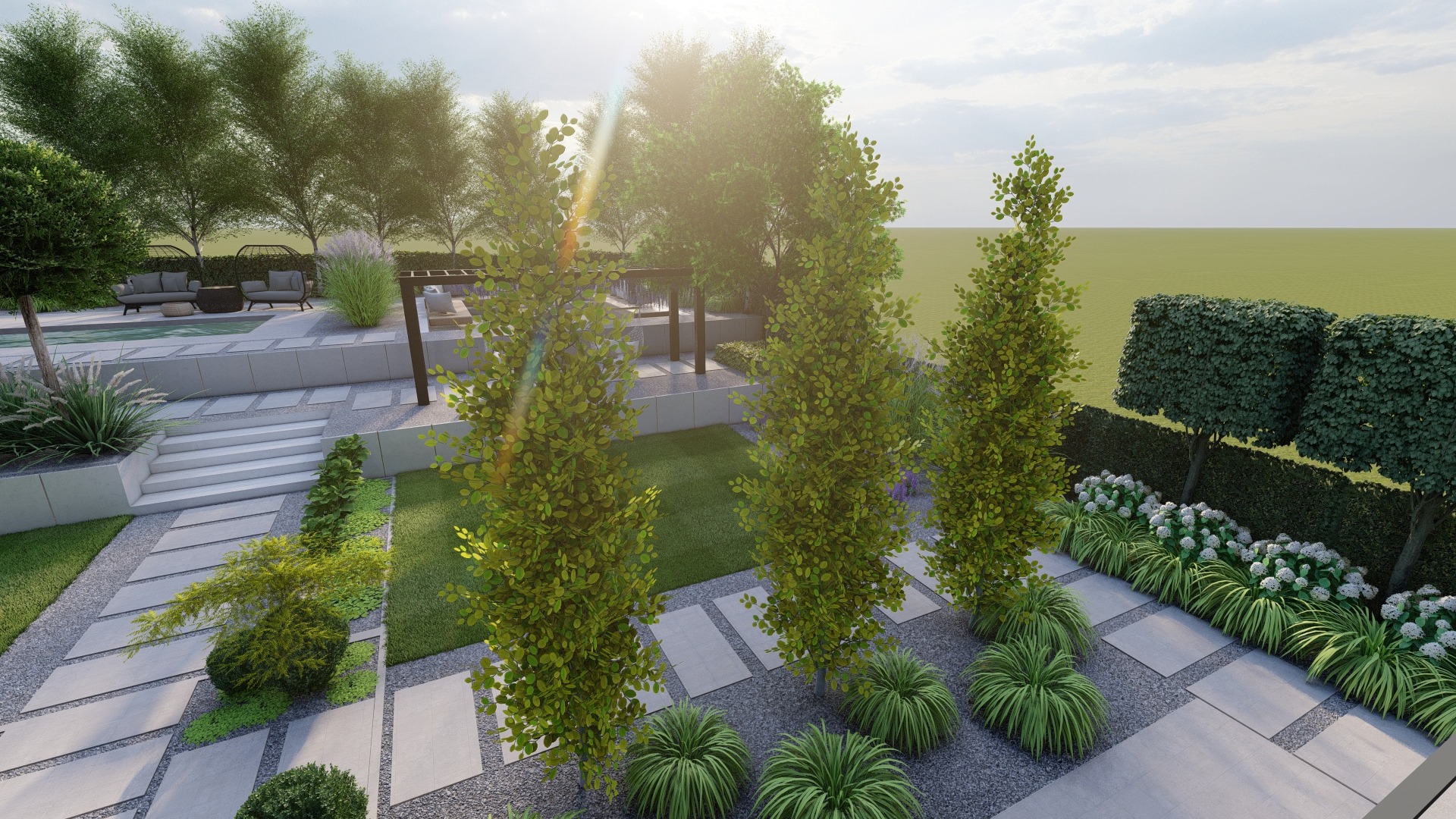 Wizualizacja ogrodu z trzema kolumnowymi drzewami, szarymi płytami chodnikowymi na żwirowym podłożu i nowoczesną strefą relaksu z meblami wypoczynkowymi na podwyższonym tarasie.