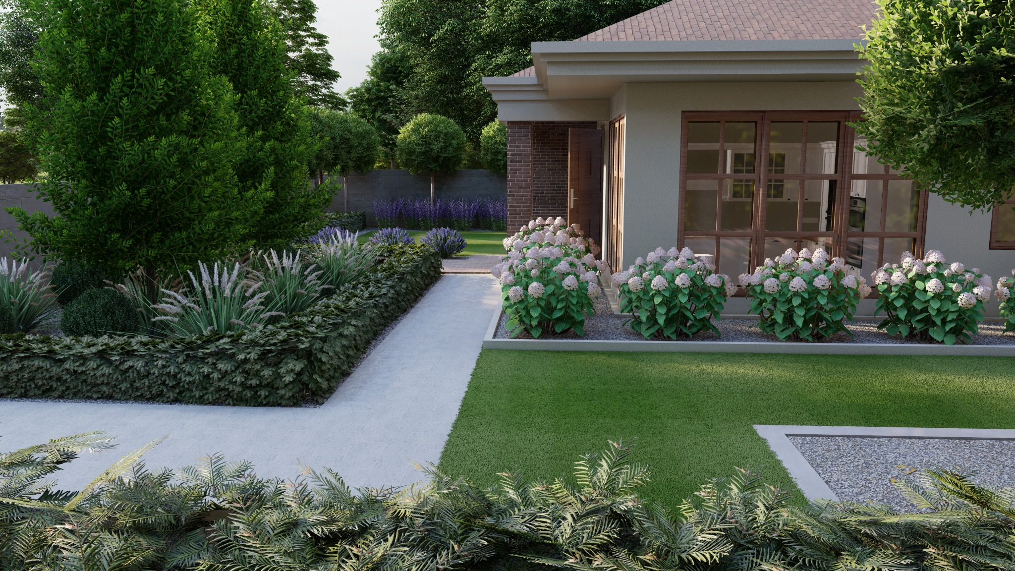 Starannie zaprojektowany ogród przydomowy z równo przystrzyżonym trawnikiem, ścieżką z jasnych płyt, obrzeżami z bukszpanu i rabatami z hortensjami oraz ozdobnymi trawami.