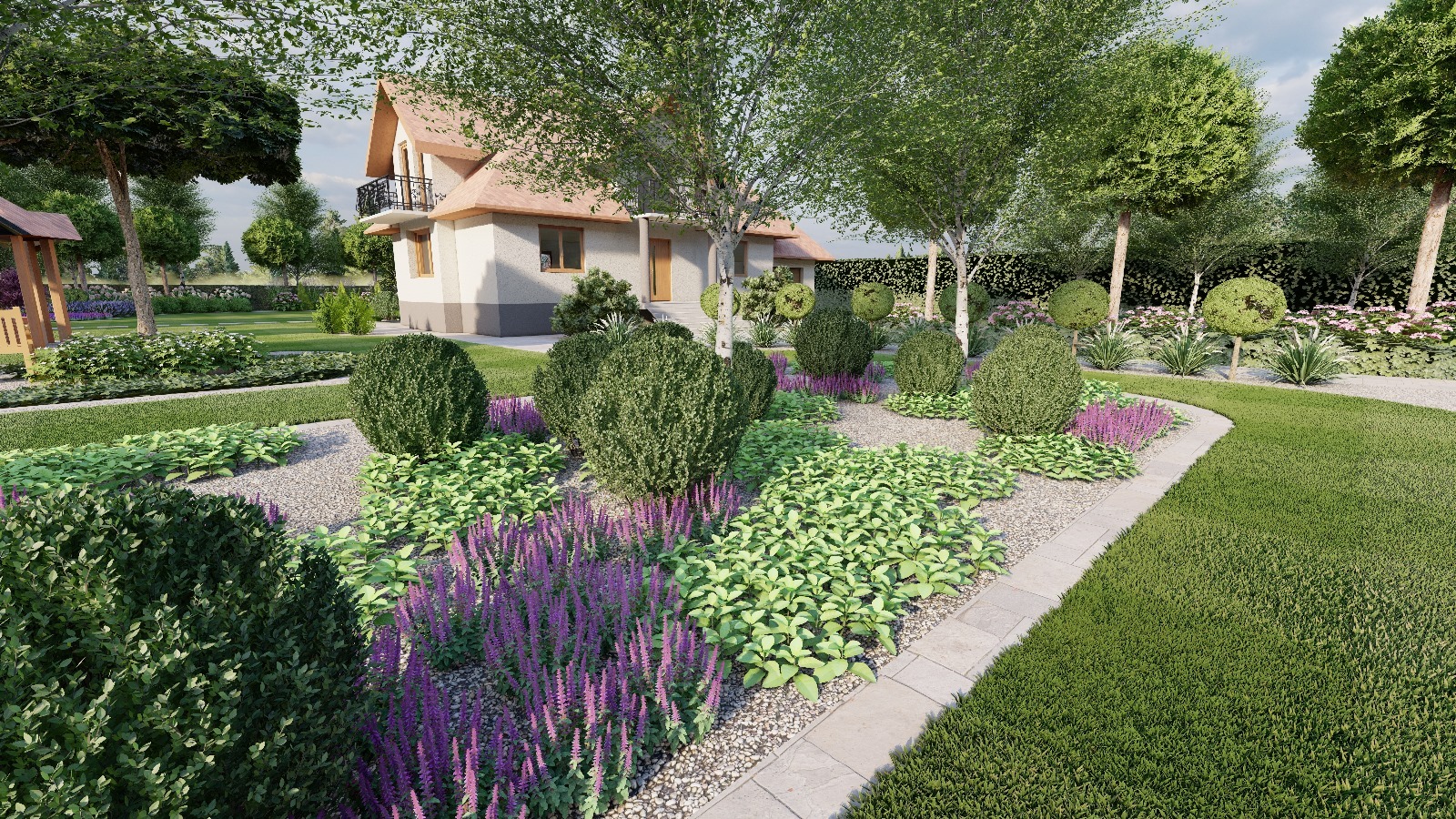 Projekt ogrodu z niskim domem w tle, z widocznymi rabatami z fioletowymi kwiatami, kulistymi krzewami i ścieżką z kamiennego grysu.