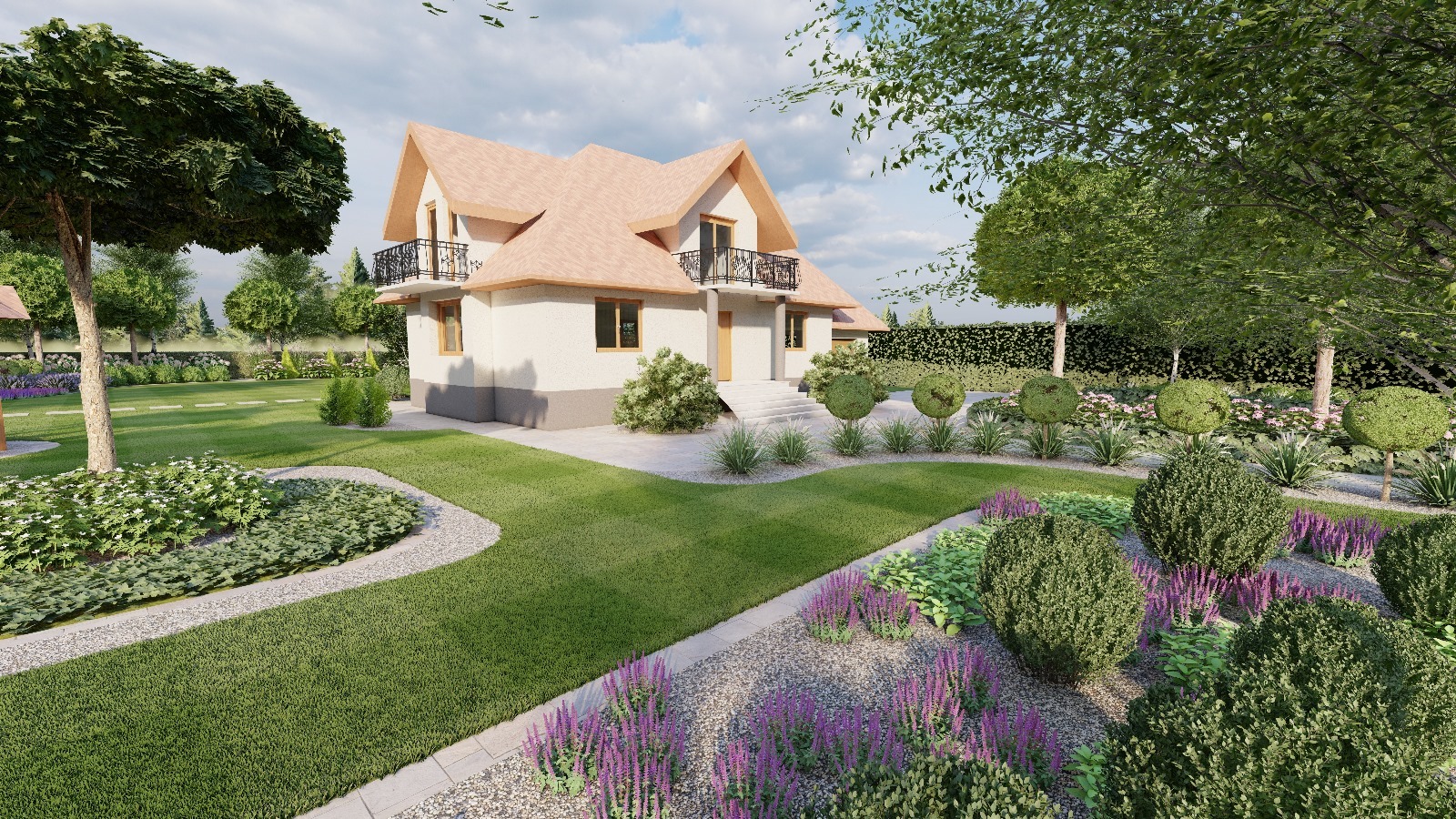 Wizualizacja ogrodu przed domem z trawnikiem, ścieżką z kamieni, rabatami z lawendą i kulistymi krzewami, z domem z balkonami w tle.