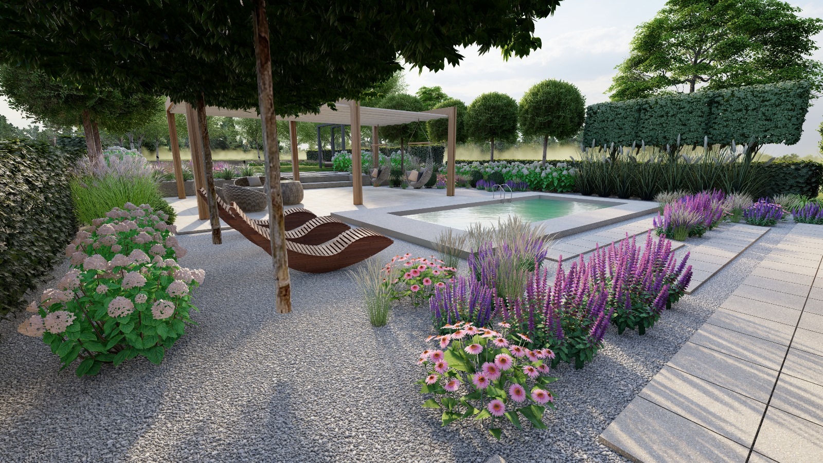 Wizualizacja ogrodu z basenem, leżanką pod pergolą i kwitnącymi rabatami z lawendy i jeżówek na żwirowym podłożu.