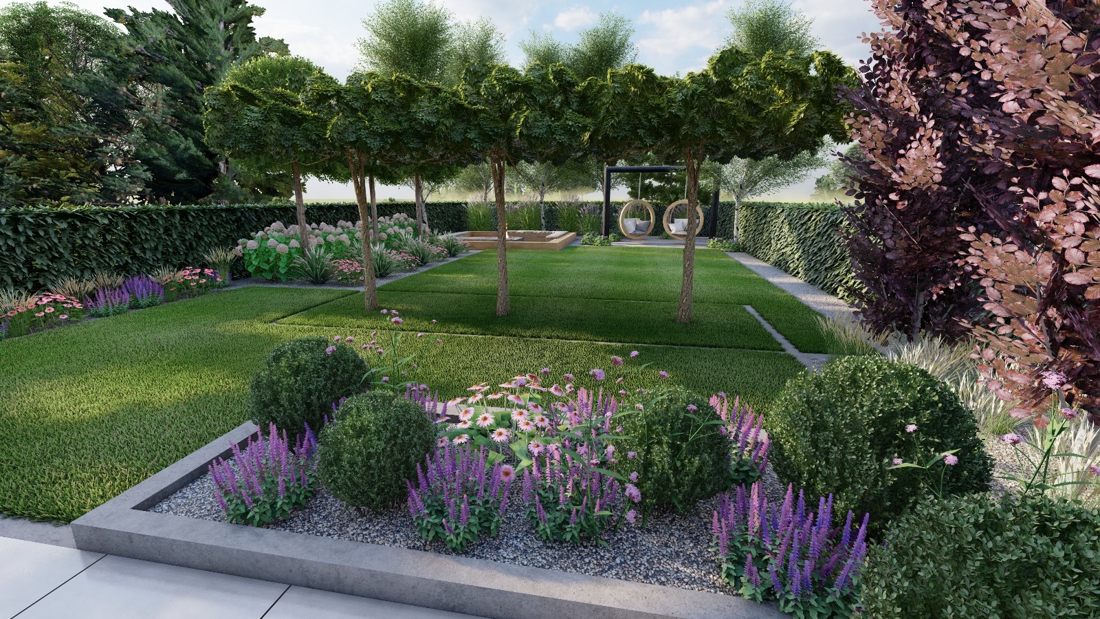 Wizualizacja ogrodu z równo przystrzyżonym trawnikiem, rabatami kwiatowymi z szałwią i jeżówką, formowanymi drzewami, żywopłotem, piaskownicą i wiszącymi huśtawkami w tle.