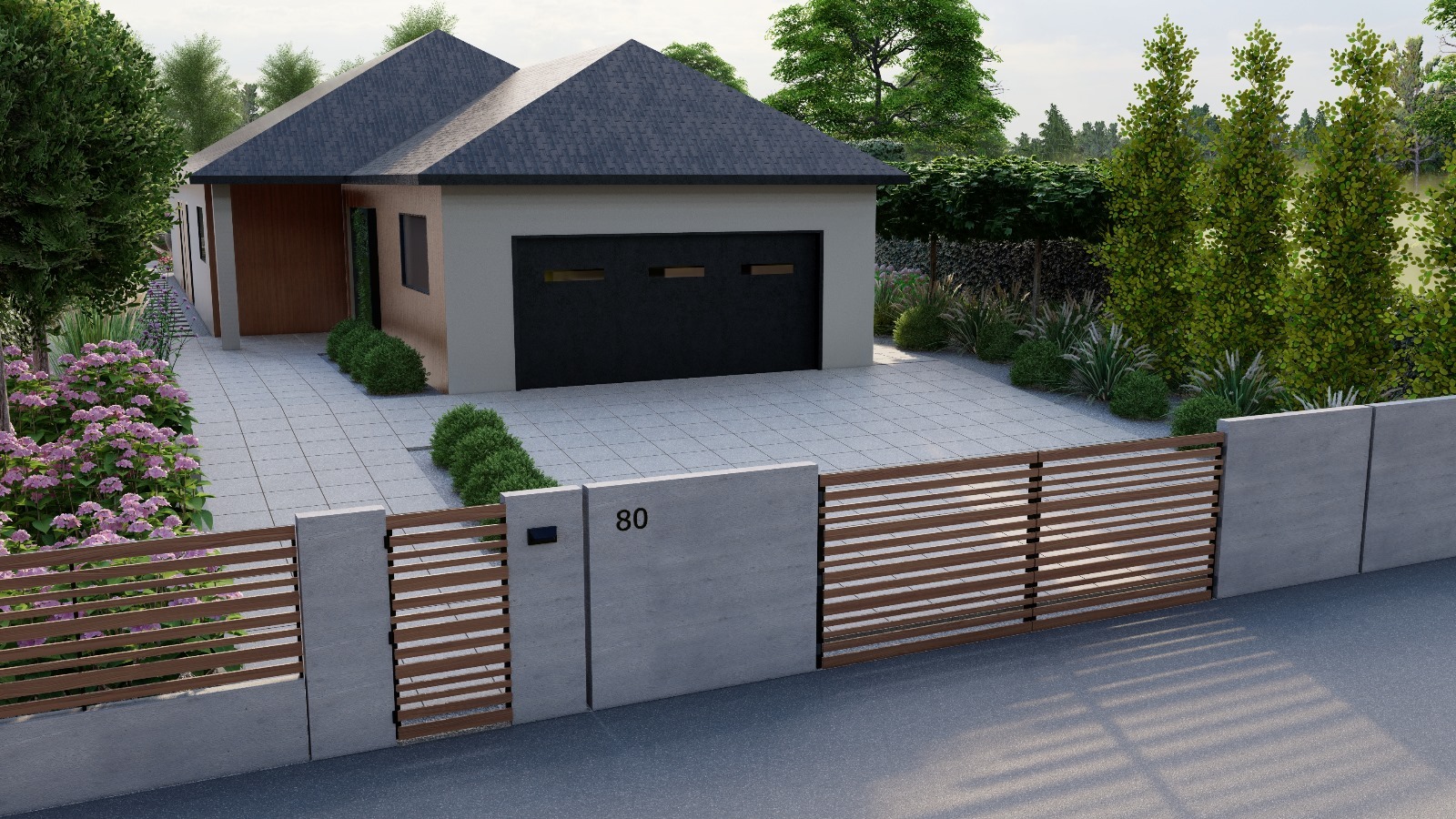 Wizualizacja domu jednorodzinnego z nowoczesnym ogrodem, drewnianym ogrodzeniem poziomym z numerem 80, podjazdem z szarej kostki i roślinami ozdobnymi.