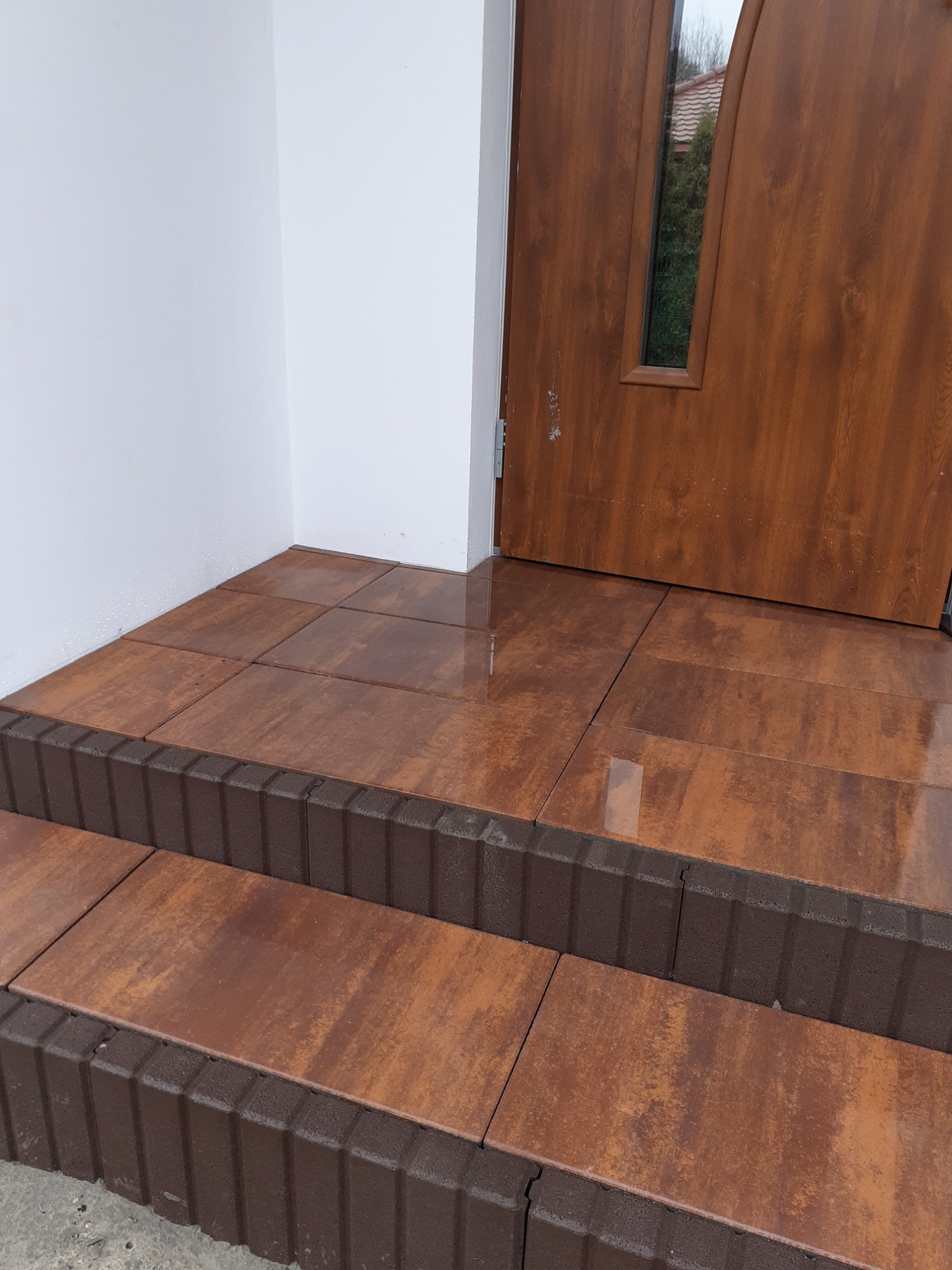 Wykończone płytkami schody wejściowe do domu, z widocznymi dwoma stopniami i brązowymi płytkami imitującymi rdzę, prowadzące do drewnianych drzwi z małym okienkiem.