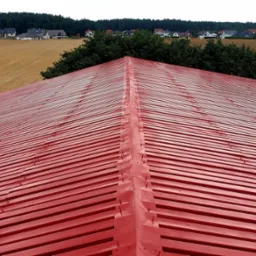 Czerwony, metalowy dach z widocznymi śrubami mocującymi blachę, na tle pola i zabudowań wiejskich.