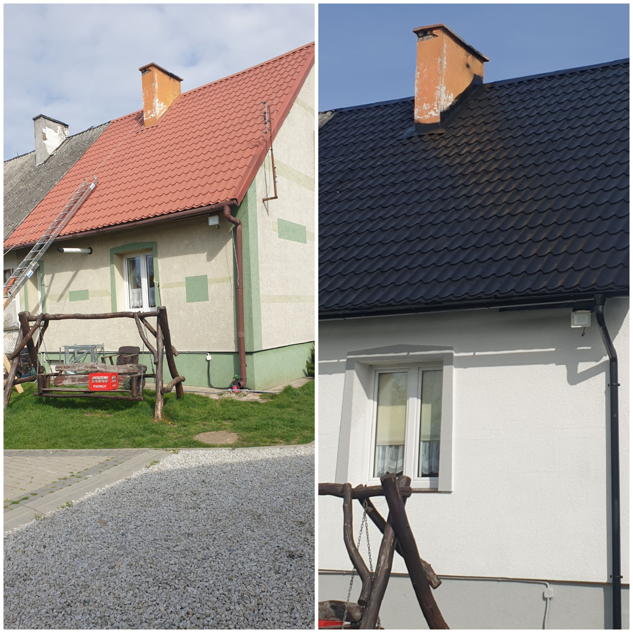 Porównanie dachu przed i po malowaniu: po lewej stronie dach z czerwonej dachówki z drabiną opartą o budynek, po prawej stronie dach pomalowany na czarno z odnowioną elewacją.