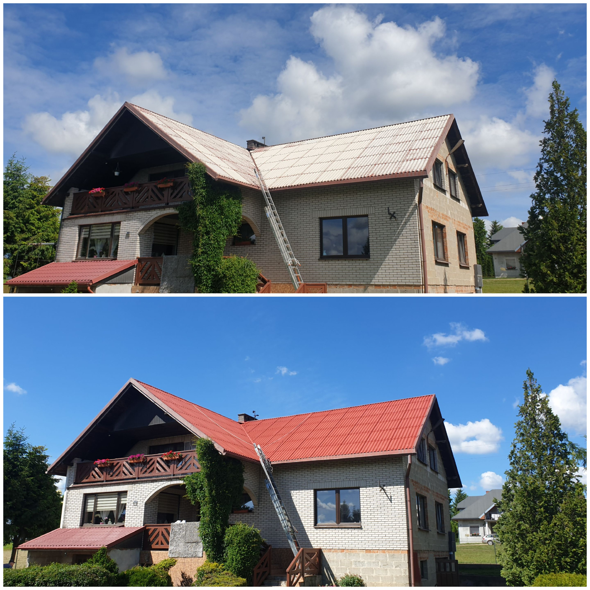 Dwuczęściowe zdjęcie przedstawia dom przed i po malowaniu dachu na czerwono, z drabiną opartą o elewację.