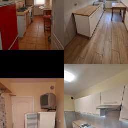 Brothers Renovation - Kolaż zdjęć przedstawiający kuchnię przed i po remoncie: stara kuchnia z brązowymi płytkami i czerwona lodówką zestawiona z nową, jasną kuchnią z drewnianymi blatami i nowoczesnym sprzętem.