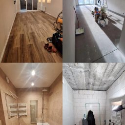 Brothers Renovation - Kolaż czterech zdjęć przedstawiających remontowane pomieszczenia: salon z drewnianą podłogą i lampami, pokój przed malowaniem z wiadrami farby, łazienka z wanną i drewnianą podłogą, oraz surowe...