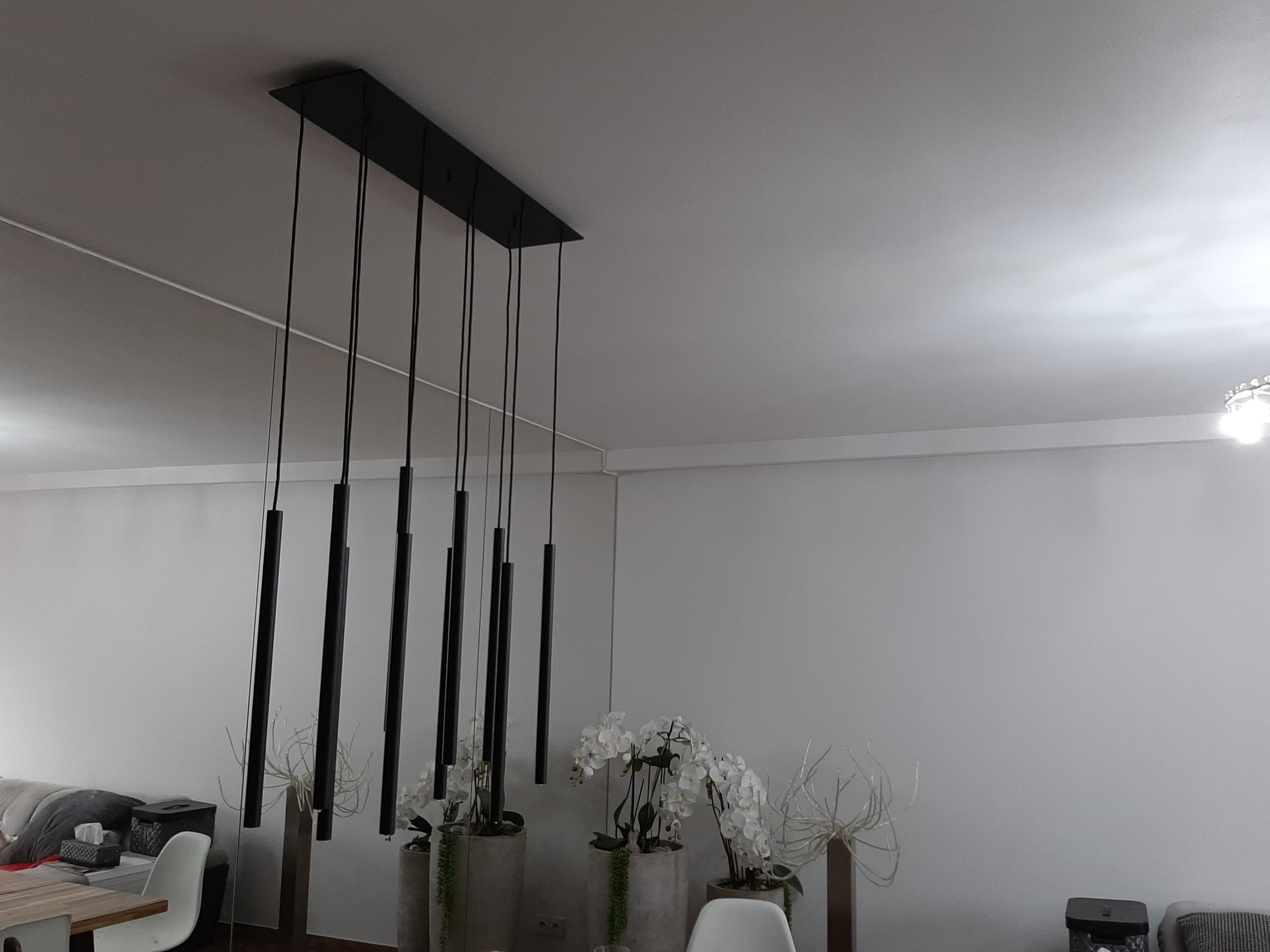 Nowoczesna lampa wisząca z czarnymi, cylindrycznymi kloszami na cienkich przewodach, zamontowana na prostokątnej podsufitce, oświetlająca wnętrze z białymi ścianami i dekoracyjnymi roślinami...