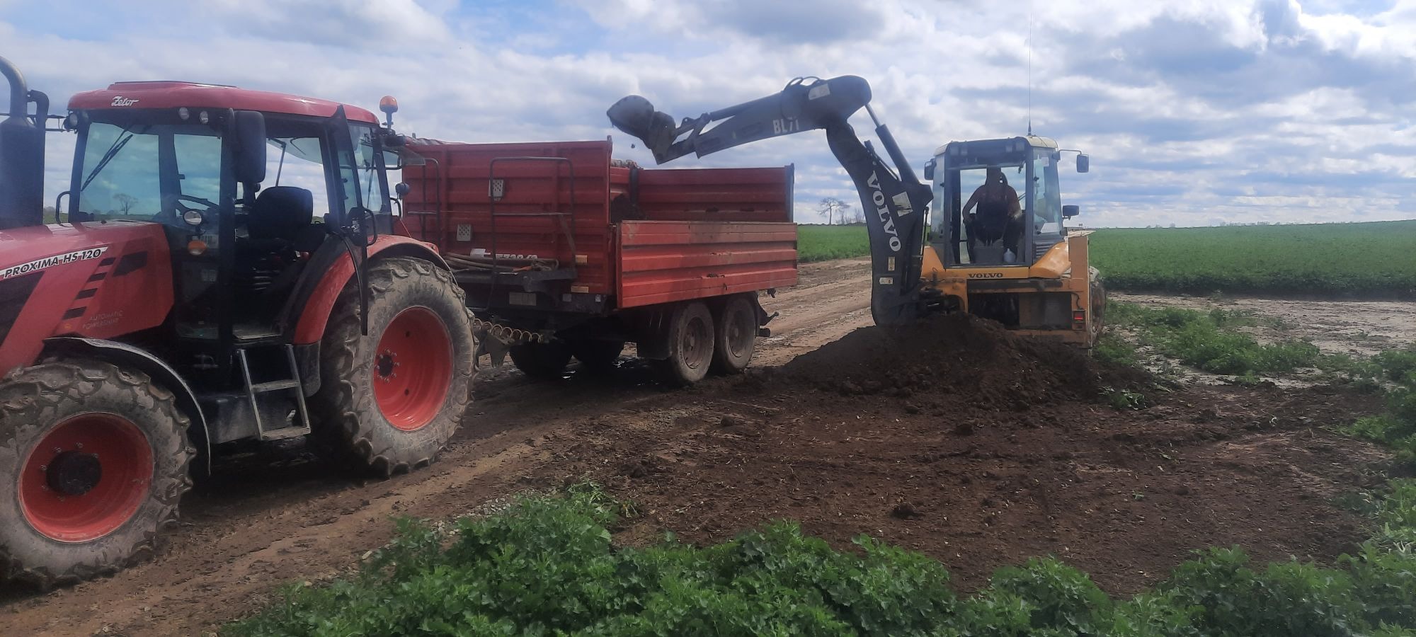 Czerwony traktor Zetor Proxima HS 120 i żółta koparko-ładowarka Volvo BL71 podczas prac ziemnych; ziemia jest ładowana do czerwonej przyczepy na polu uprawnym.