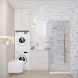 Nowoczesna łazienka w jasnych barwach z marmurowymi płytkami, kabiną prysznicową typu walk-in, umywalką nablatową na szafce, podwieszaną toaletą i pralką z suszarką w zabudowie.