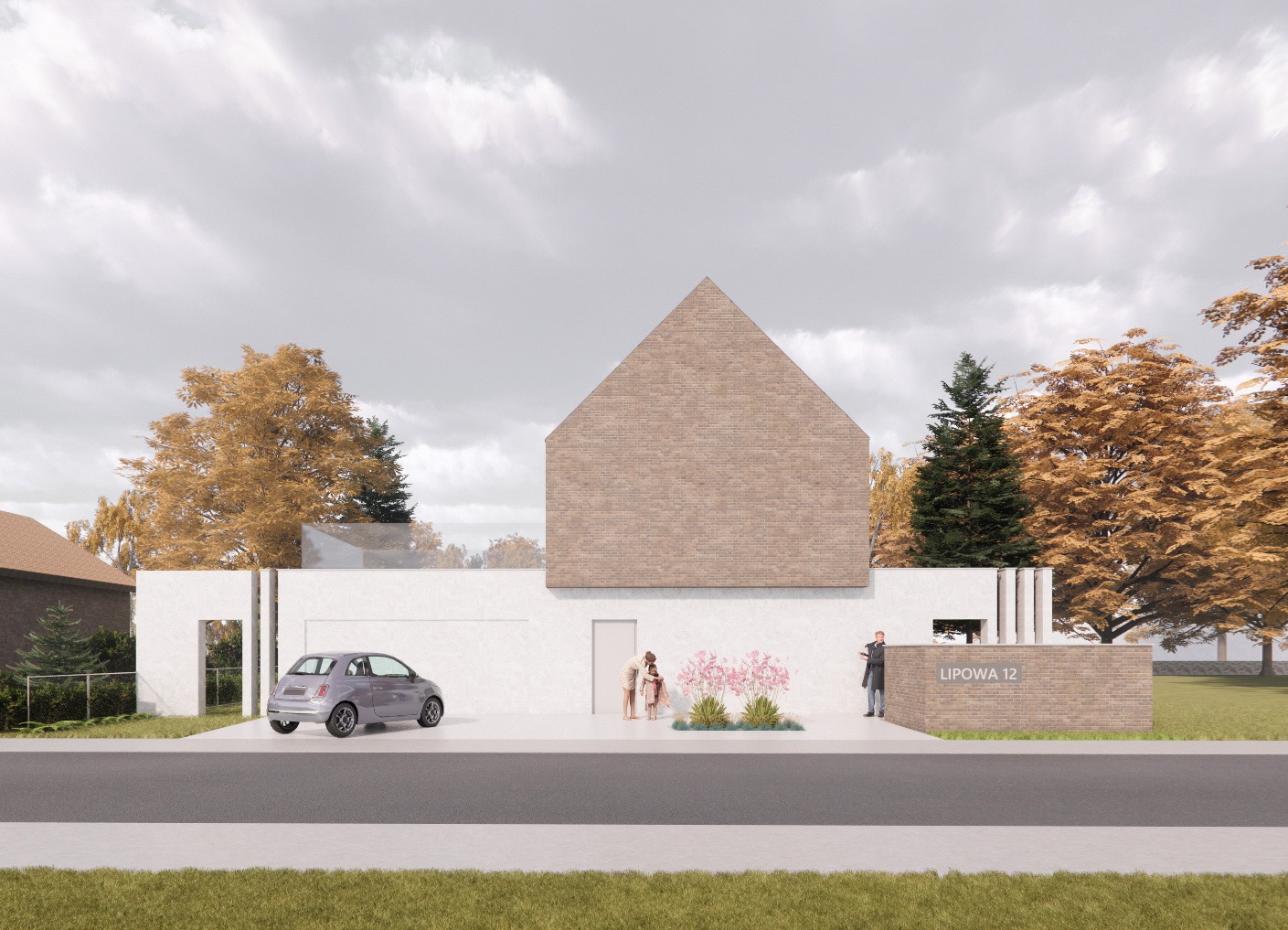 Wizualizacja domu jednorodzinnego z ceglaną elewacją, białym murem, szarym samochodem, roślinami i osobami w jasny dzień.