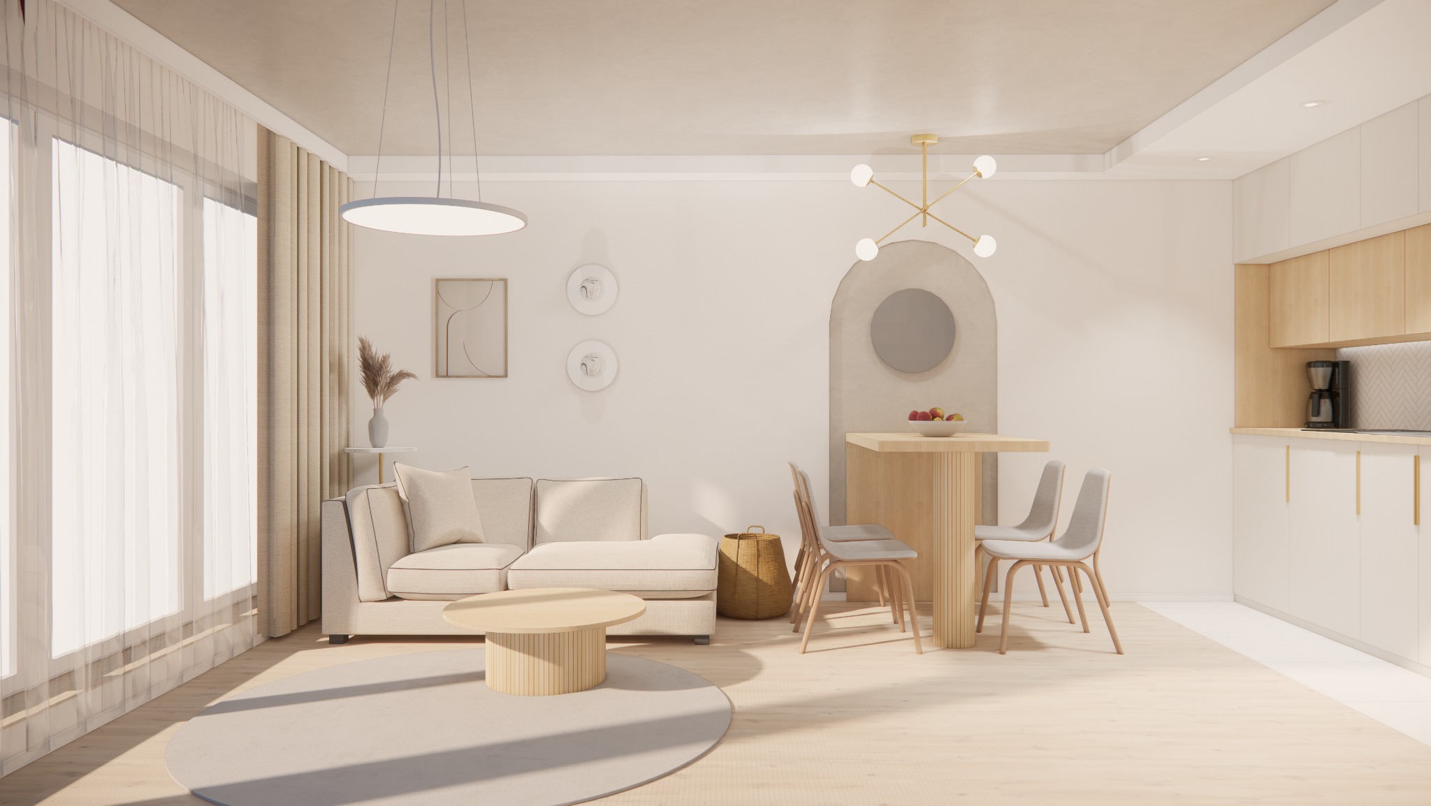 Jasne, nowoczesne wnętrze z sofą, okrągłym stolikiem kawowym, stołem jadalnym z krzesłami i aneksem kuchennym z drewnianymi frontami szafek, oświetlone naturalnym światłem wpadającym przez okno...