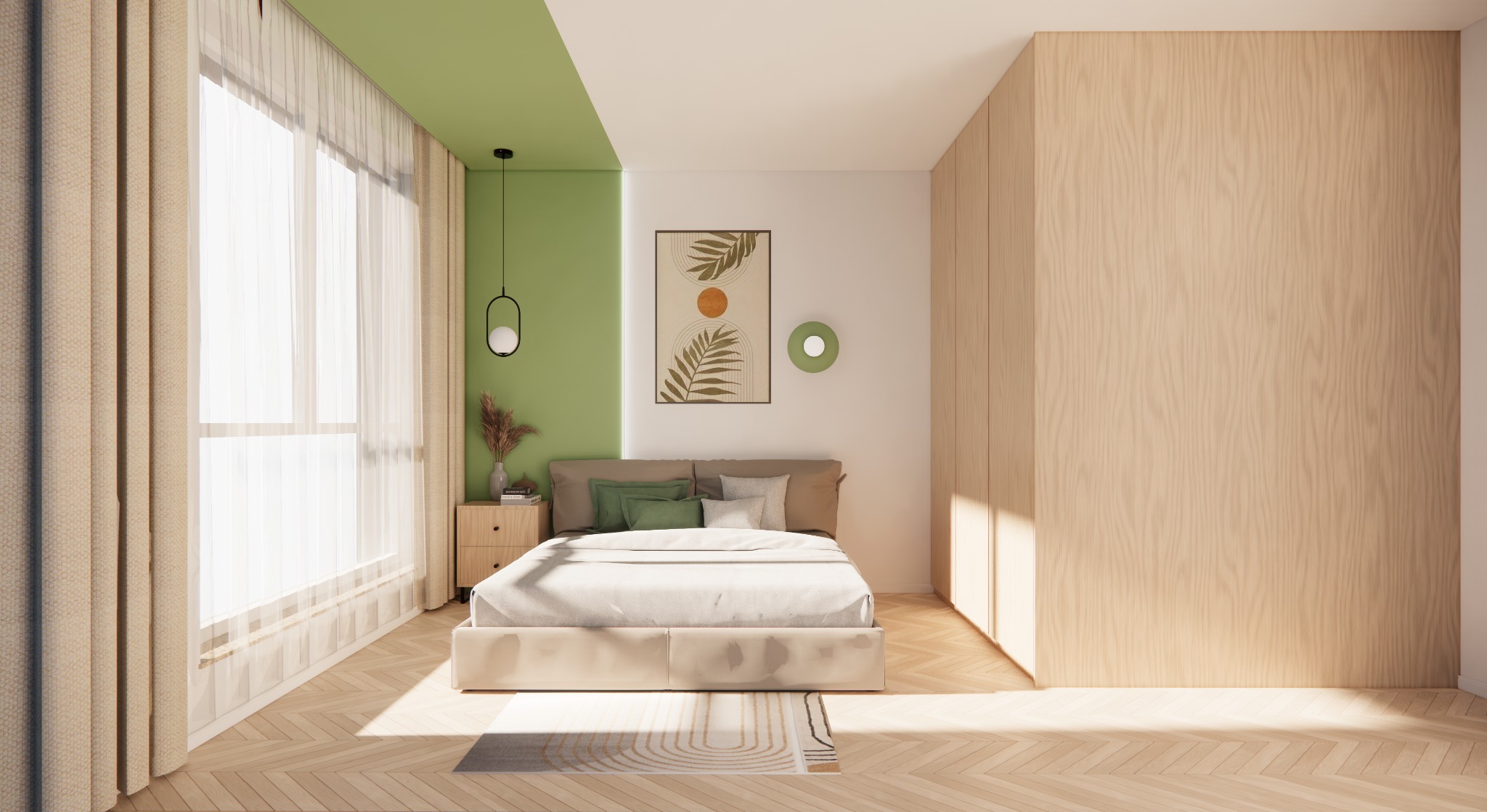 Jasna sypialnia z drewnianą podłogą w jodełkę, beżowym łóżkiem, zielonymi akcentami na ścianie i suficie, oraz dużą drewnianą szafą wnękową.