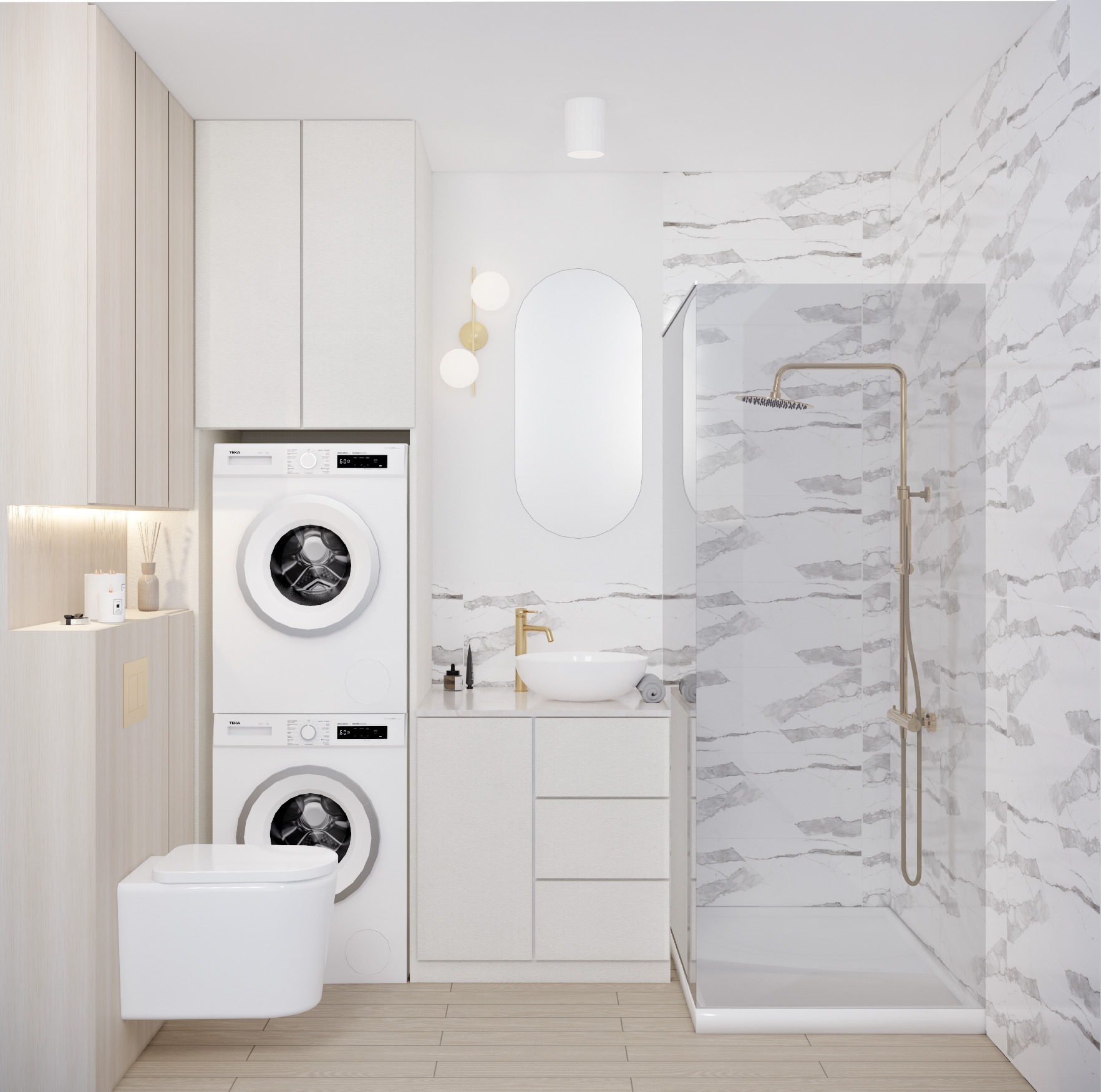 Nowoczesna łazienka w jasnych barwach z marmurowymi płytkami, kabiną prysznicową typu walk-in, umywalką nablatową na szafce, podwieszaną toaletą i pralką z suszarką w zabudowie.