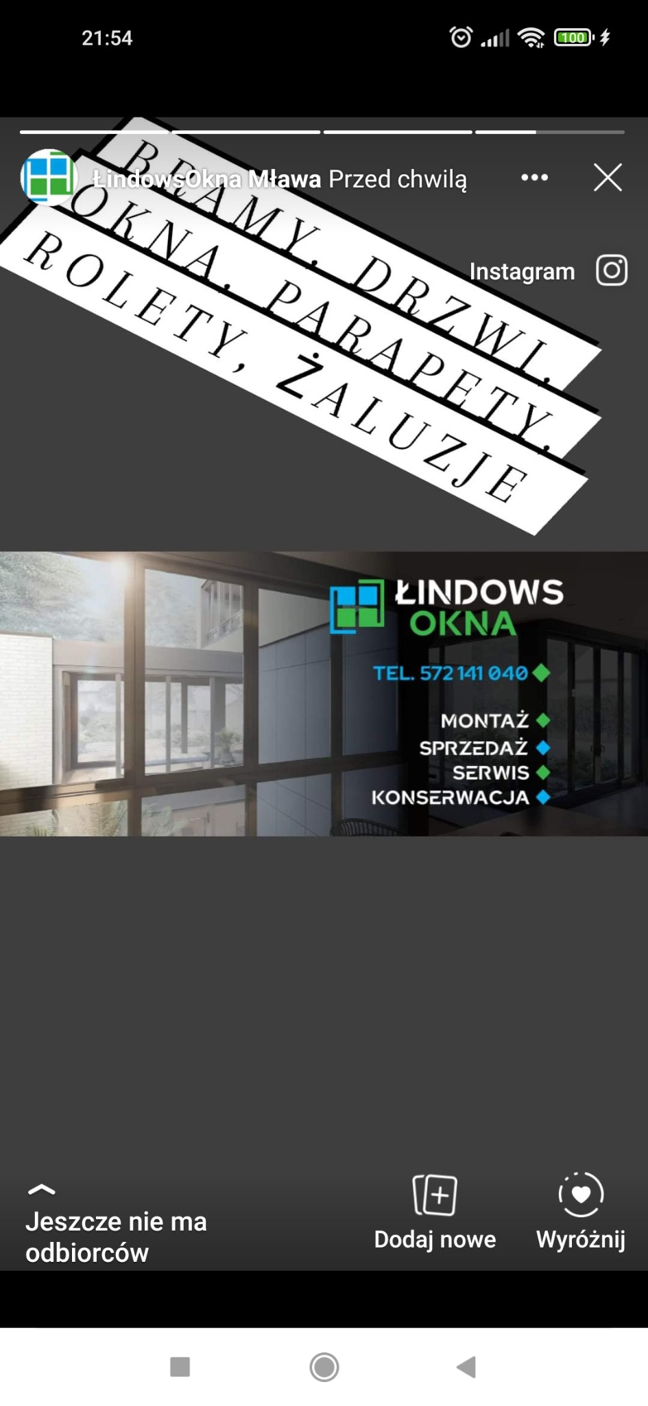 Grafika reklamowa firmy Lindows Okna z Mławy prezentująca nowoczesne przeszklenia w domu, z widocznym numerem telefonu i ofertą montażu, sprzedaży, serwisu i konserwacji.