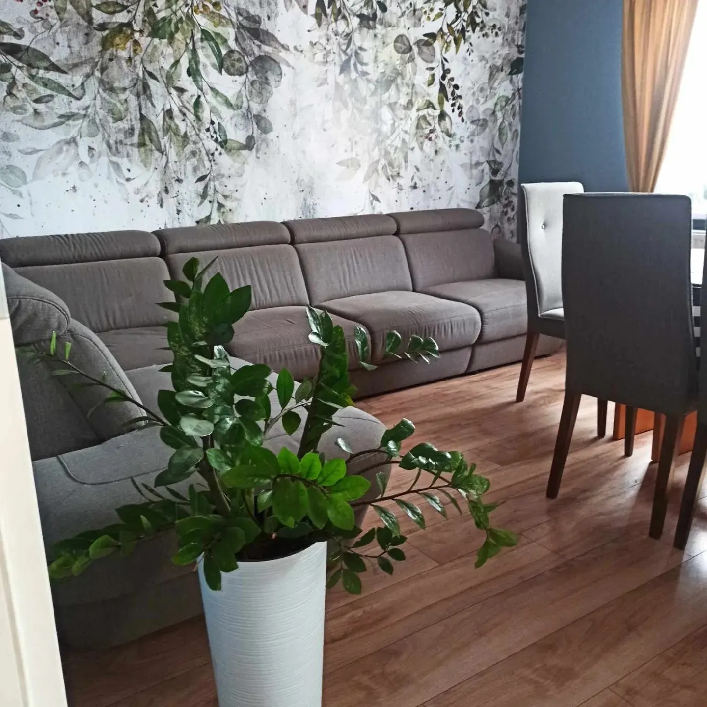 Szary narożnik w salonie z drewnianą podłogą, fototapetą z motywem roślinnym na ścianie i zieloną rośliną w białej doniczce na pierwszym planie.