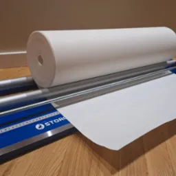 Rolka białego papieru na niebieskiej gilotynie do papieru marki Storck na drewnianej podłodze.