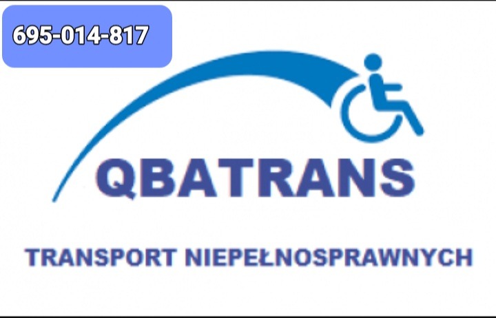 Niebieskie logo firmy QBATRANS z symbolem osoby na wózku inwalidzkim i numerem telefonu w lewym górnym rogu, oferującej transport dla osób niepełnosprawnych.