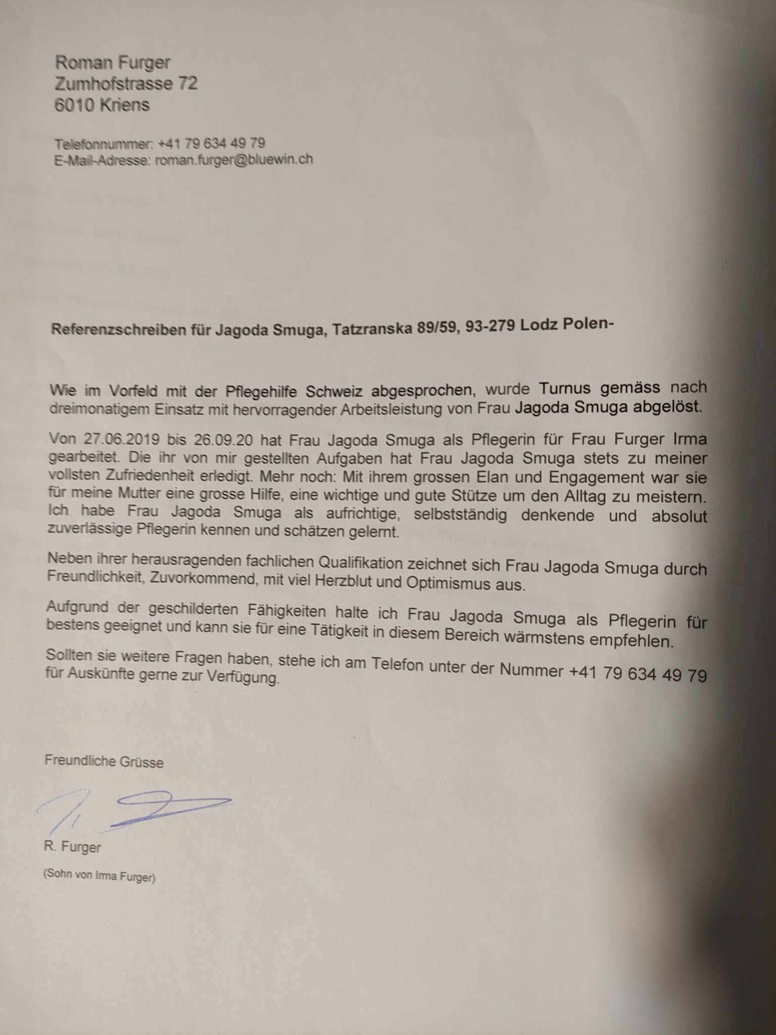 Skan referencji dla opiekunki Jagody Smugi, zawierający adres i dane kontaktowe Romana Furgera, z opisem jej pracy jako opiekunki, zakończony podpisem.