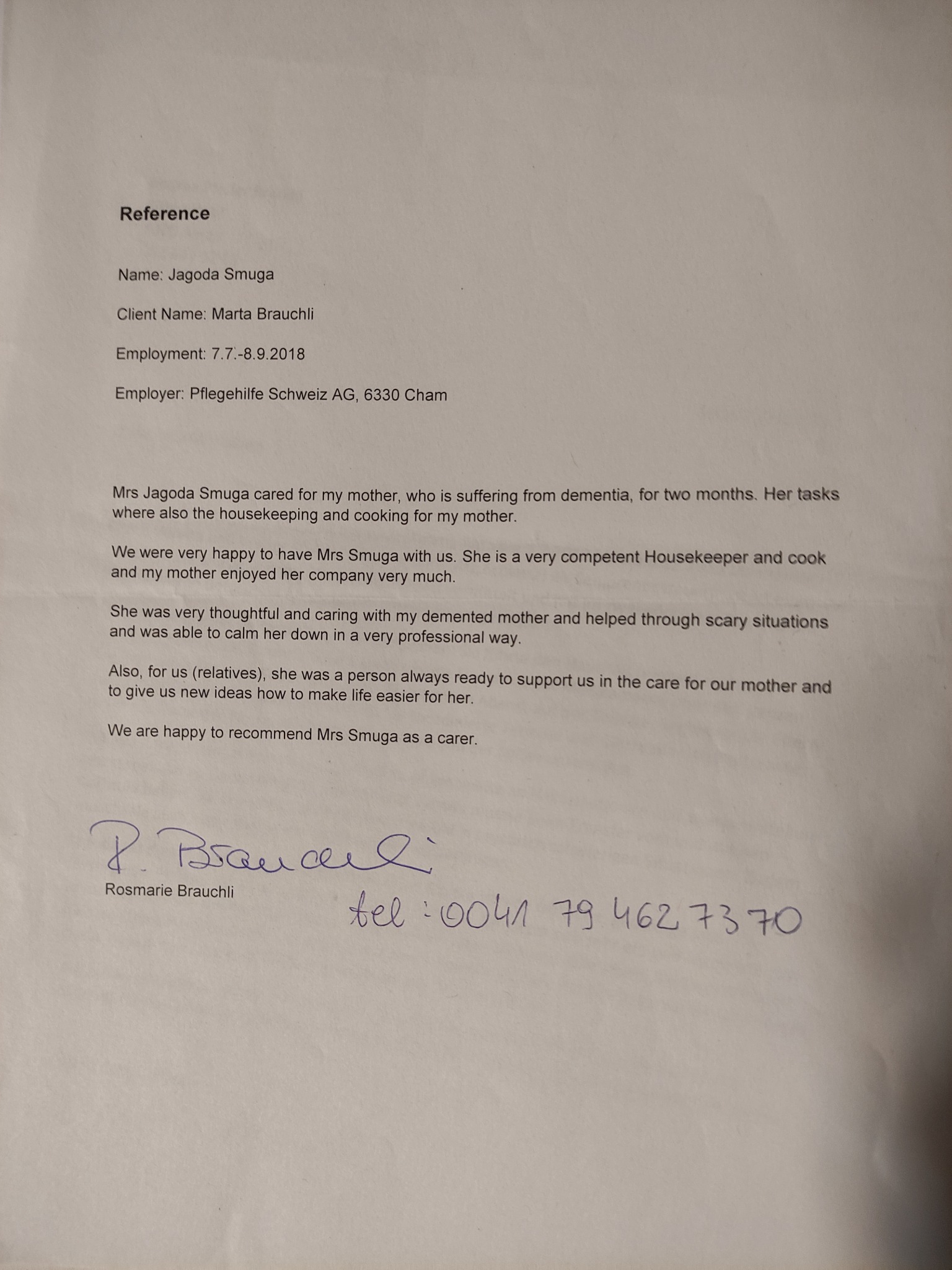 Skan referencji dla Jagody Smugi, opiekunki i gospodyni domowej, z oceną jej kompetencji i troskliwości w opiece nad osobą z demencją, podpisany przez Rosmarie Brauchli z numerem telefonu.