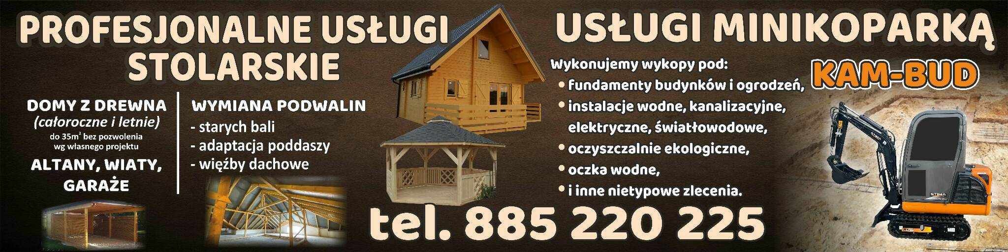 Ogłoszenie firmy budowlanej oferującej usługi stolarskie, budowę domów drewnianych, altan, garaży, wymianę podwalin, adaptację poddaszy, usługi minikoparką, wykopy pod fundamenty, instalacje wodne,...
