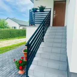 Zewnętrzne schody wejściowe z szarymi płytkami, czarną, poziomą balustradą i donicami z kwiatami.