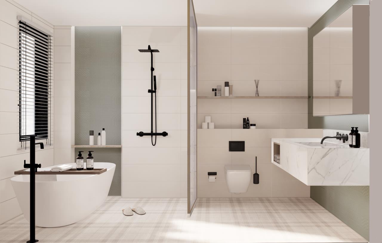 Minimalistyczna łazienka z wolnostojącą wanną, czarną armaturą i marmurową umywalką, wykończona w beżowych odcieniach z akcentami szarości, uzupełniona o dekoracyjne akcesoria i tekstylia.
