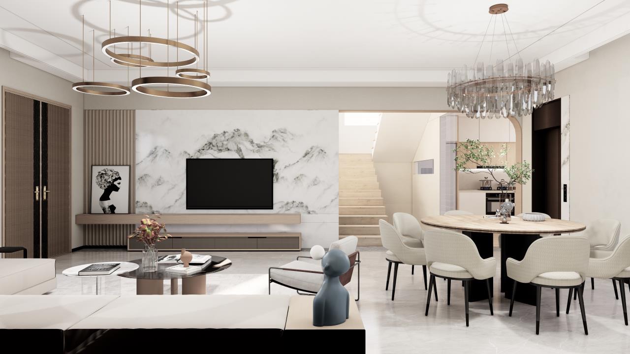 Wizualizacja salonu z marmurową ścianą telewizyjną, okrągłym stołem jadalnym i designerskim oświetleniem, w neutralnej palecie barw.