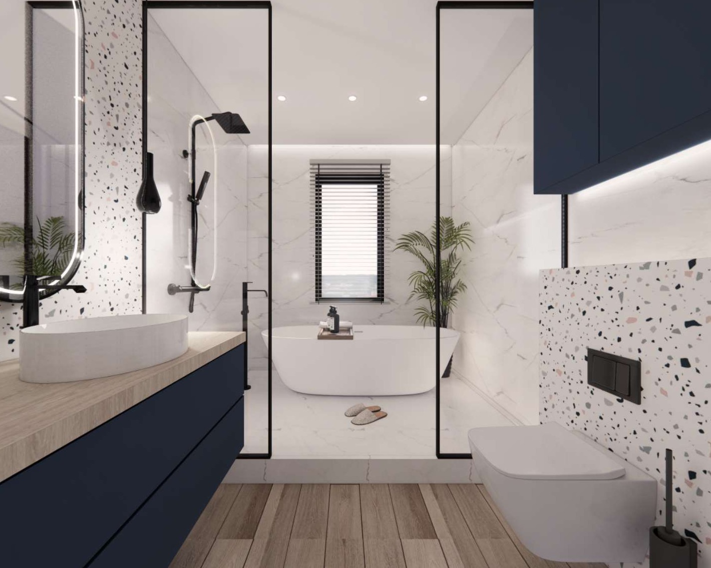 Wizualizacja nowoczesnej łazienki z wolnostojącą wanną, umywalką nablatową na drewnianym blacie, toaletą podwieszaną i ścianą wykończoną mozaiką lastryko, oddzielona szklaną ścianką.