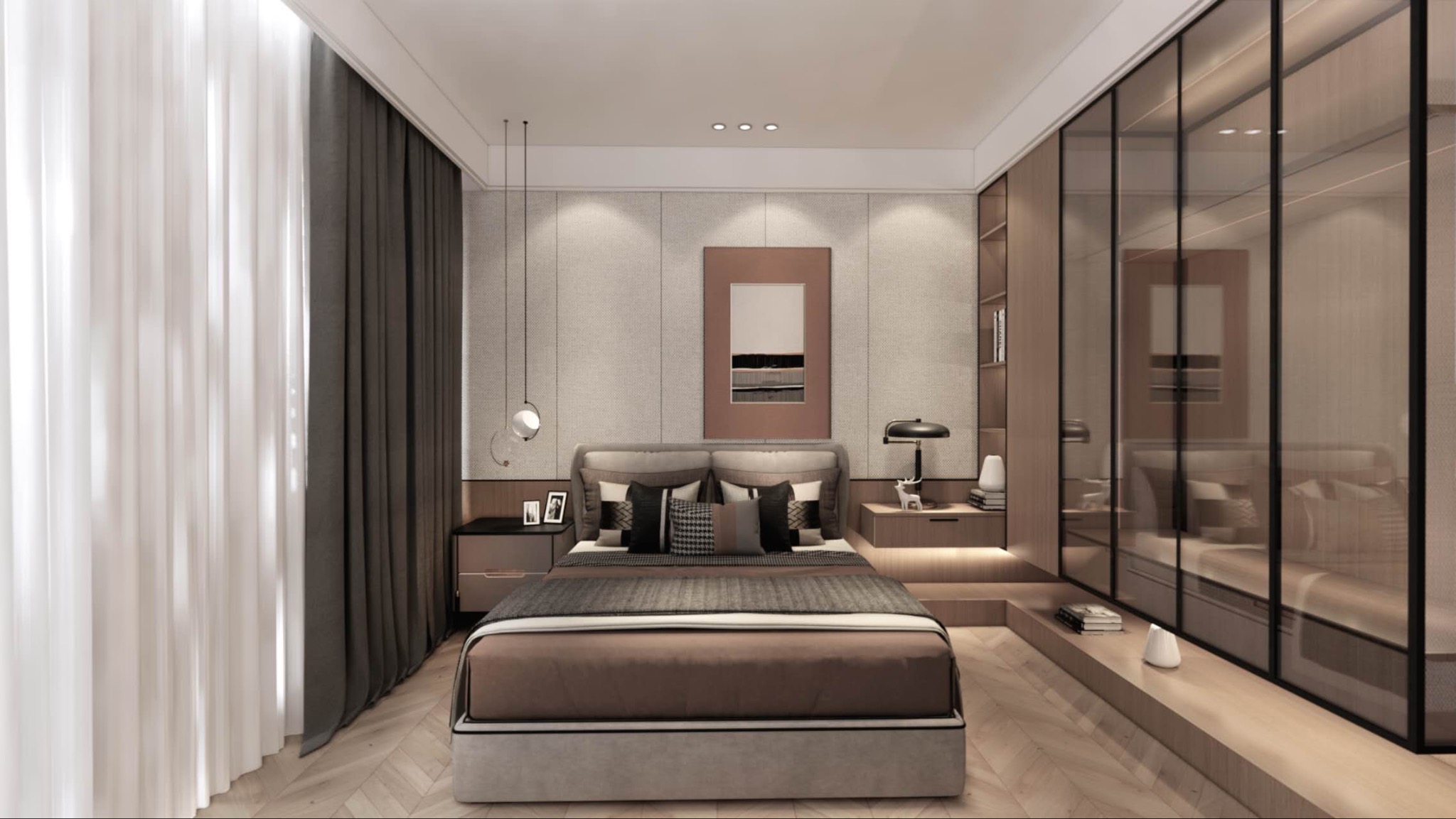 Nowoczesna sypialnia z łóżkiem w odcieniach szarości i brązu, drewnianą podłogą w jodełkę, przesuwną szafą z przyciemnianego szkła i asymetrycznymi lampami wiszącymi.