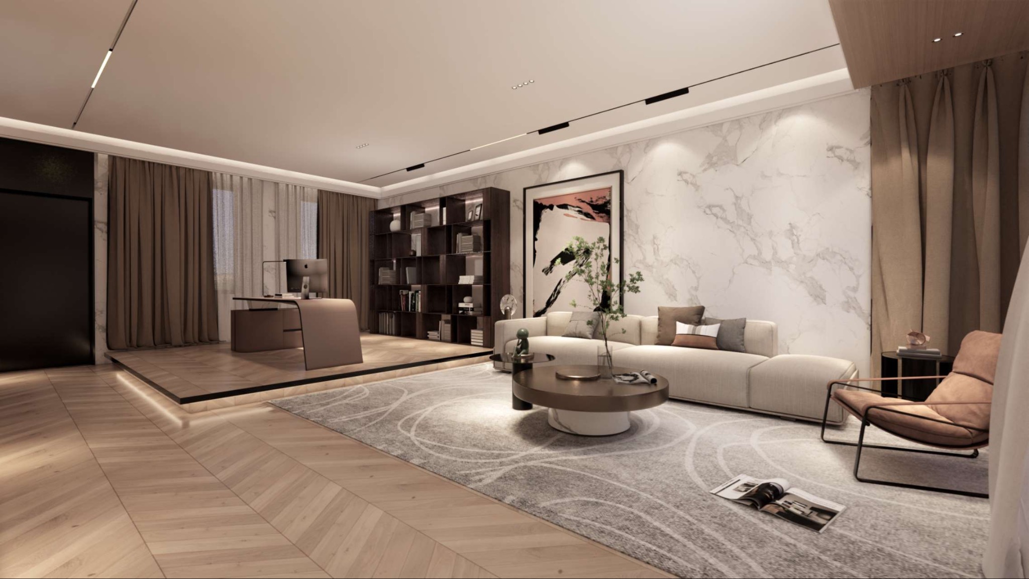 Nowoczesny salon z biurkiem na podwyższeniu, jasną sofą, marmurową ścianą i regałem z książkami, oświetlony listwami LED.